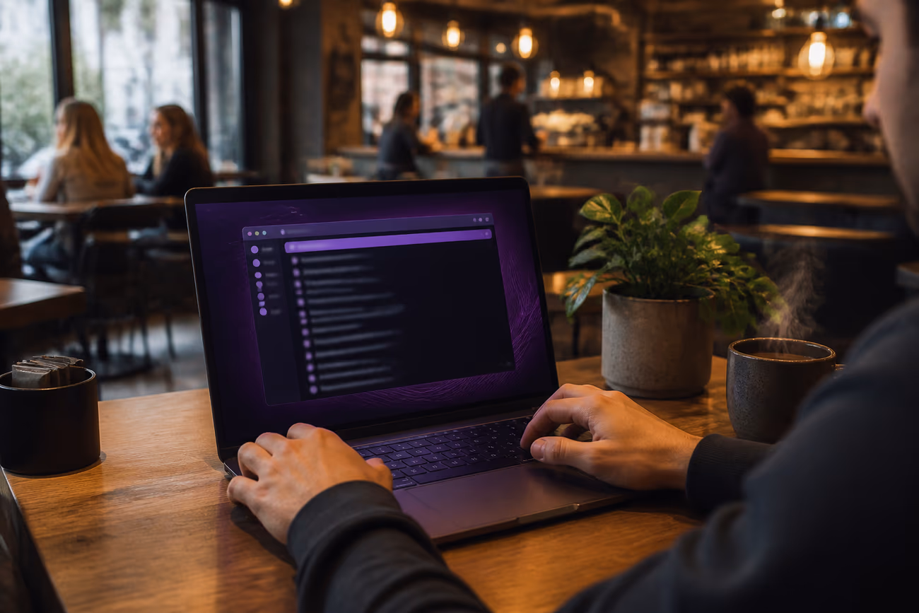 A user in a café working on a laptop, exploring curated dark web links for analysis.
