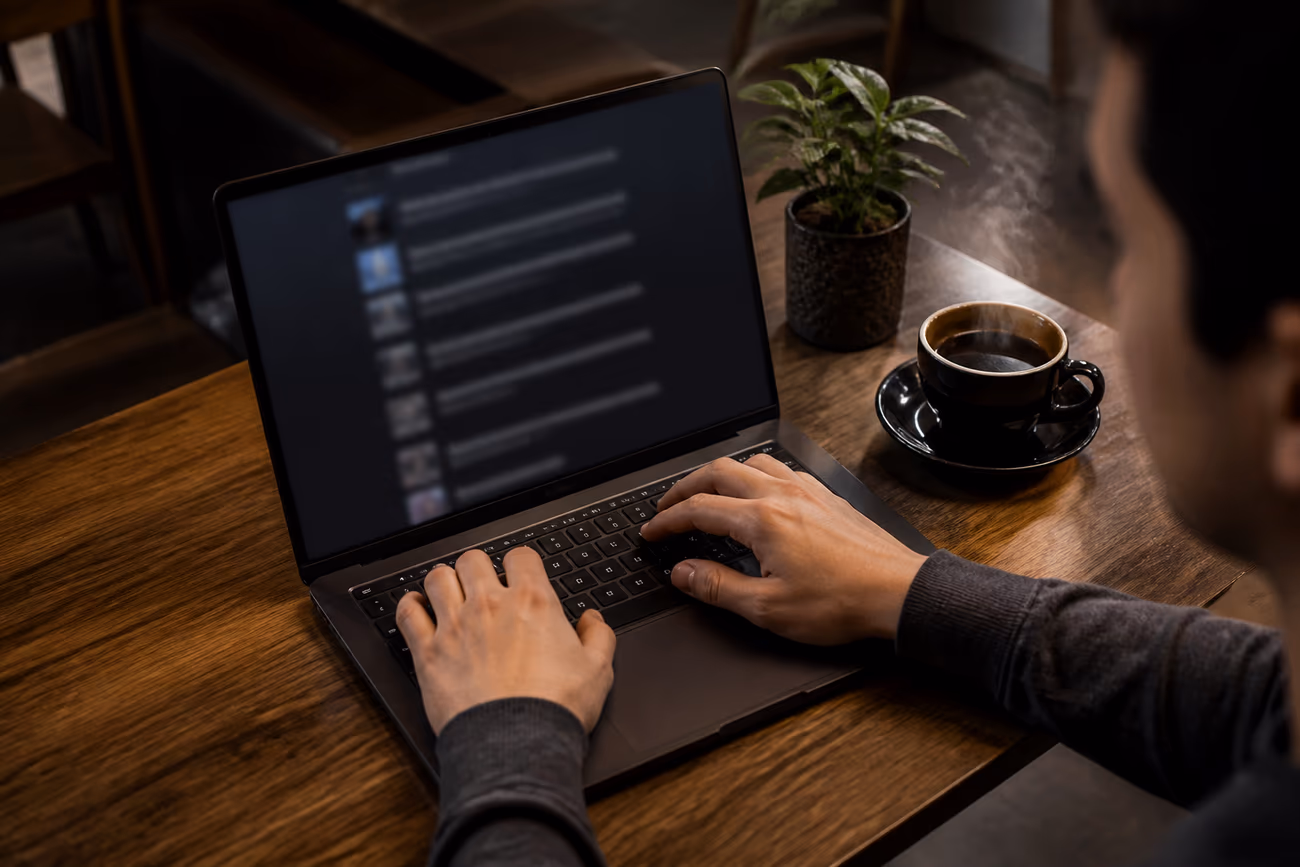 A person in a cafe exploring deep web resources on a laptop, representing safe browsing for beginners.