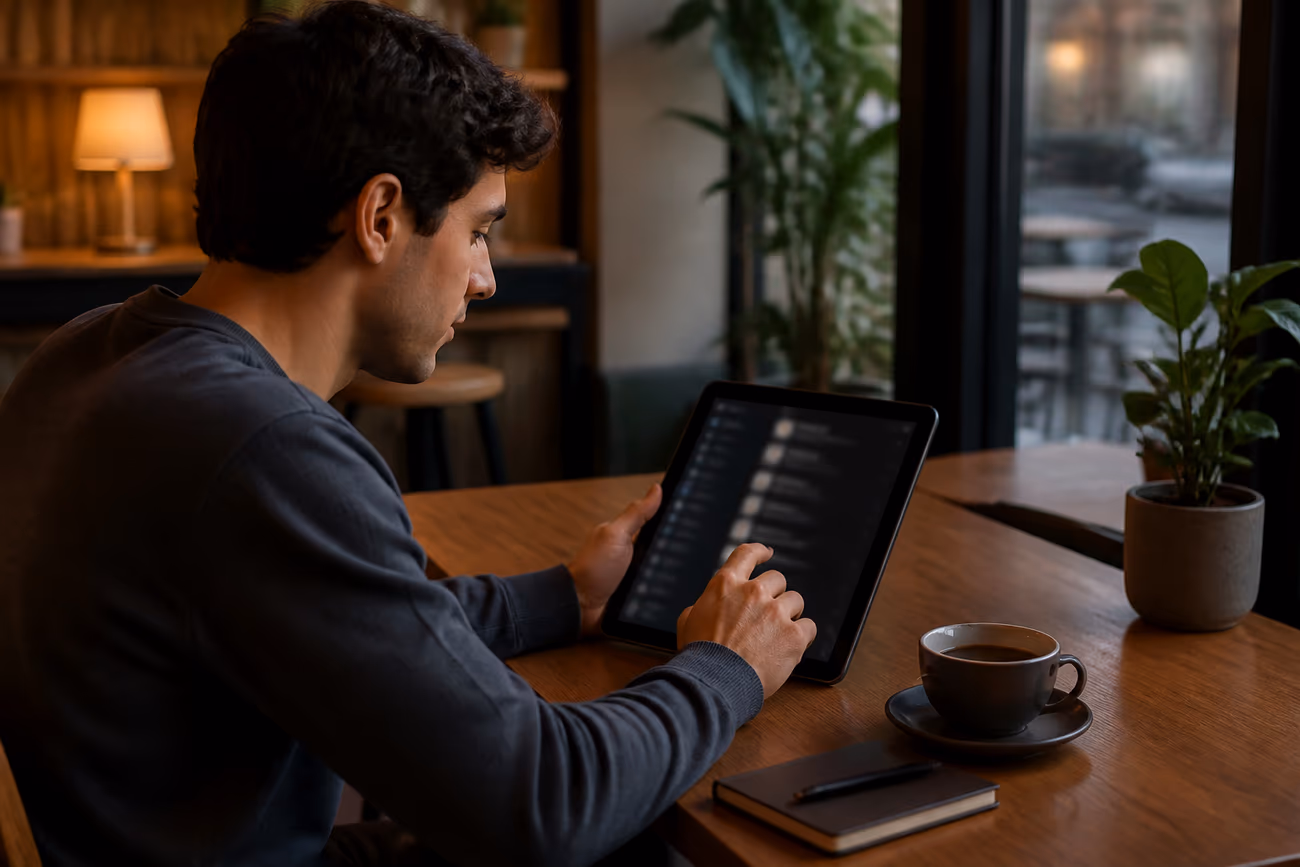 A user exploring .onion sites on a tablet in a cozy café setting, emphasizing privacy and information access.
