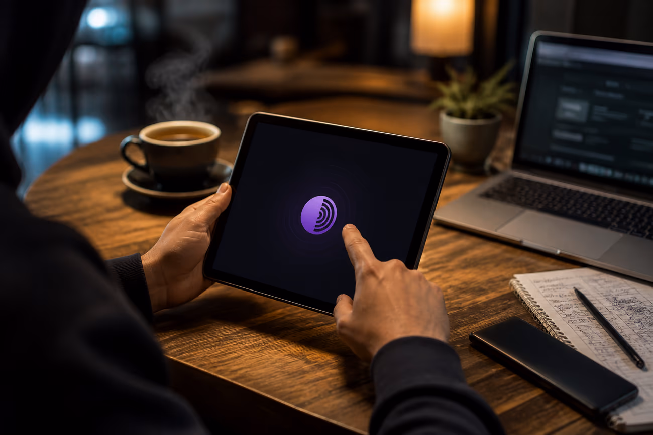 A user exploring dark internet links on a tablet in a cozy café setting, emphasizing safe access to hidden networks.