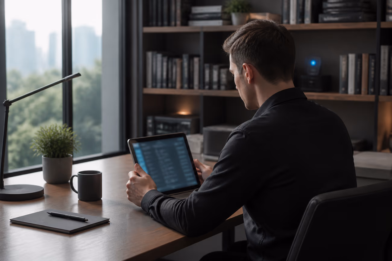 A user exploring dark web resources on a tablet in a contemporary workspace, emphasizing safe navigation.