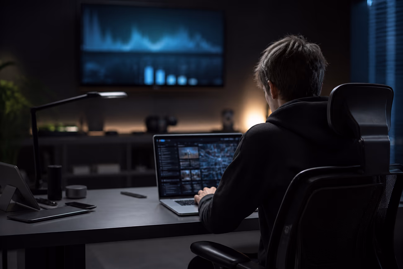 A user exploring dark web resources in a modern office setting, highlighting research and tech-savvy exploration.