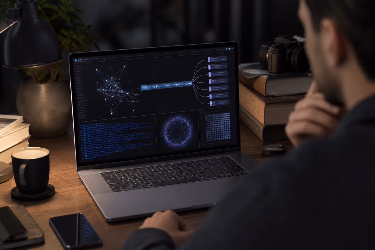 A person studying the structure of a .onion domain on a laptop, with tech gadgets around.