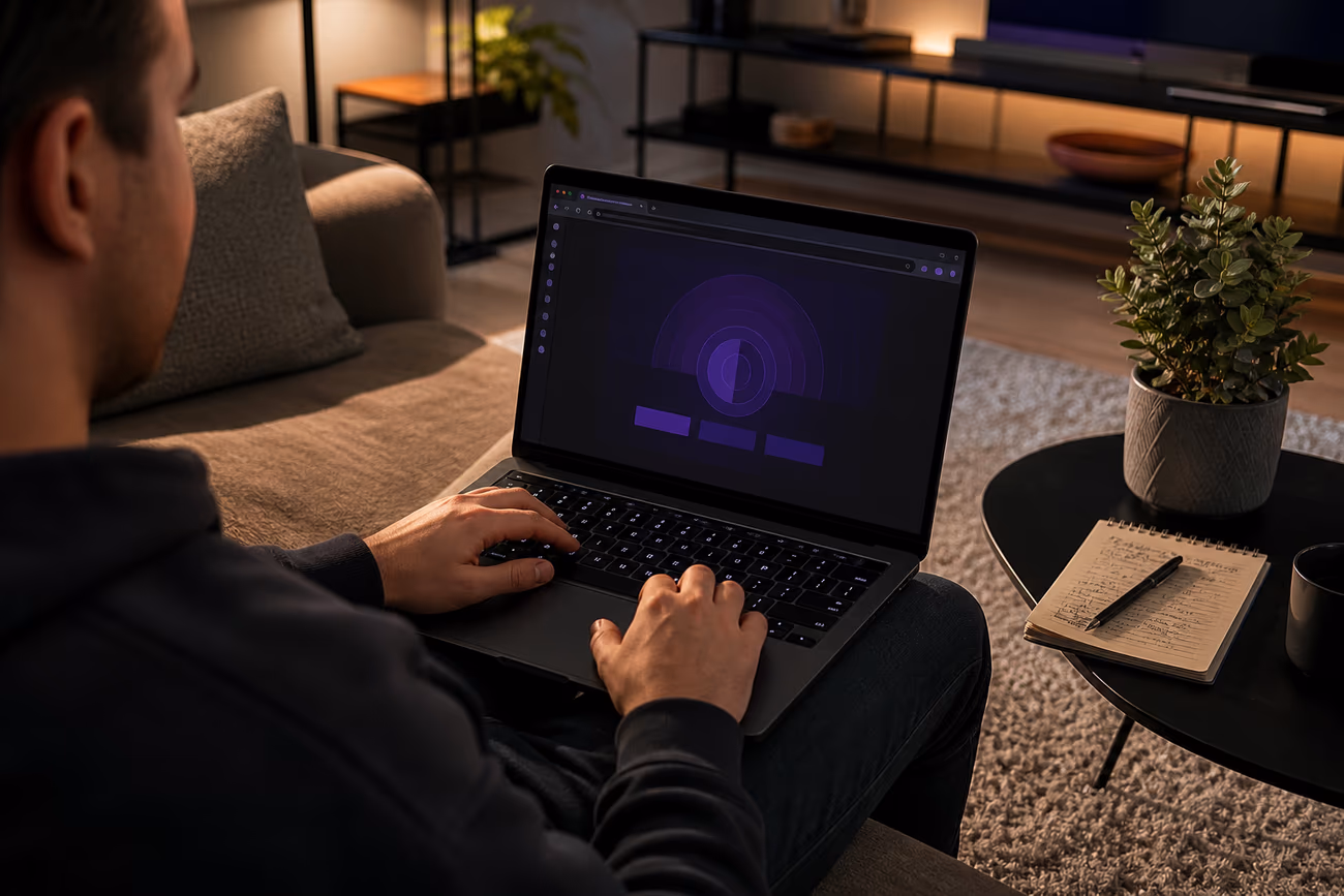 A user engaged in exploring dark web portals on a laptop in a modern living room setting.