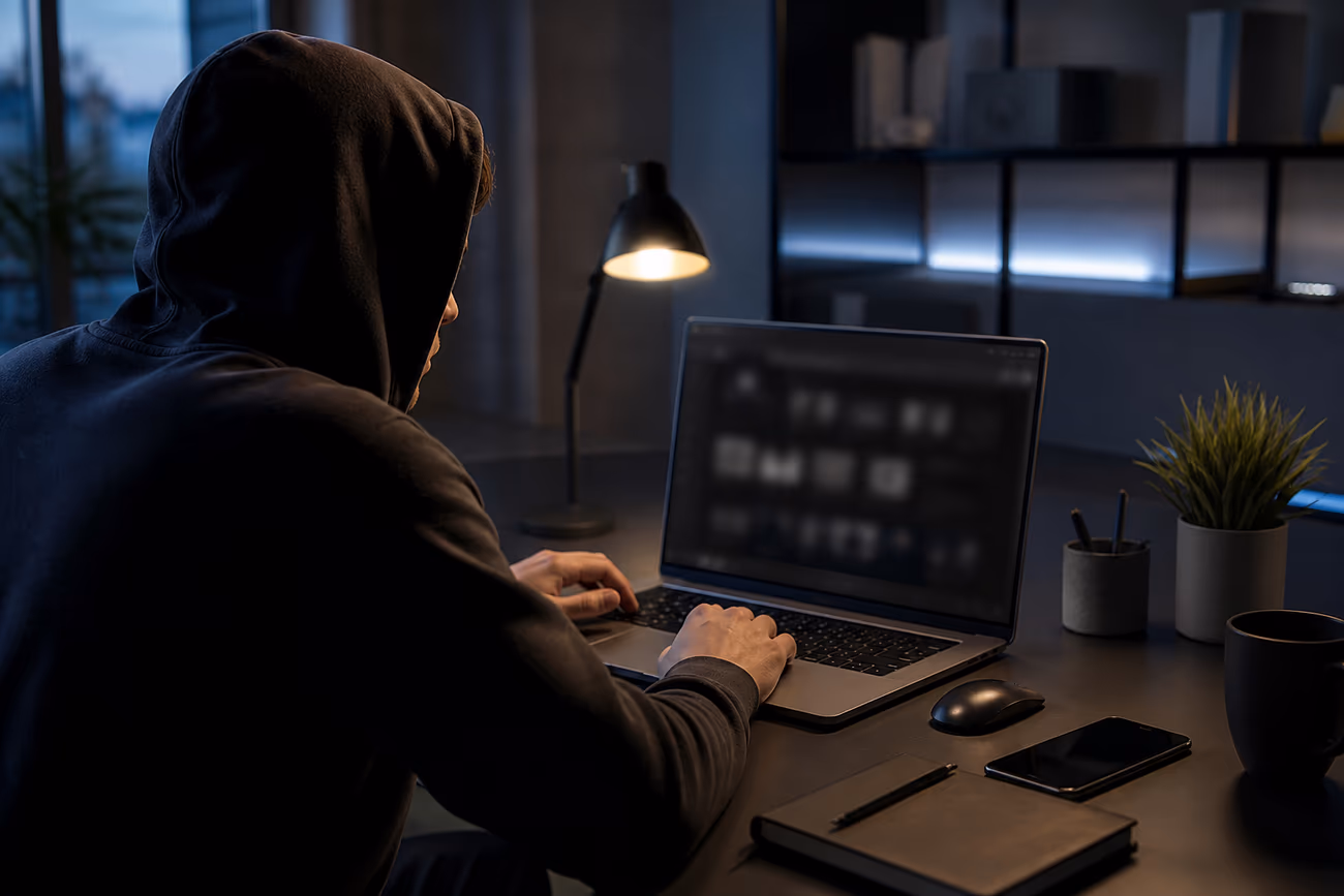 A user engaging with the Hidden Wiki on a laptop, surrounded by modern tech in a stylish workspace.