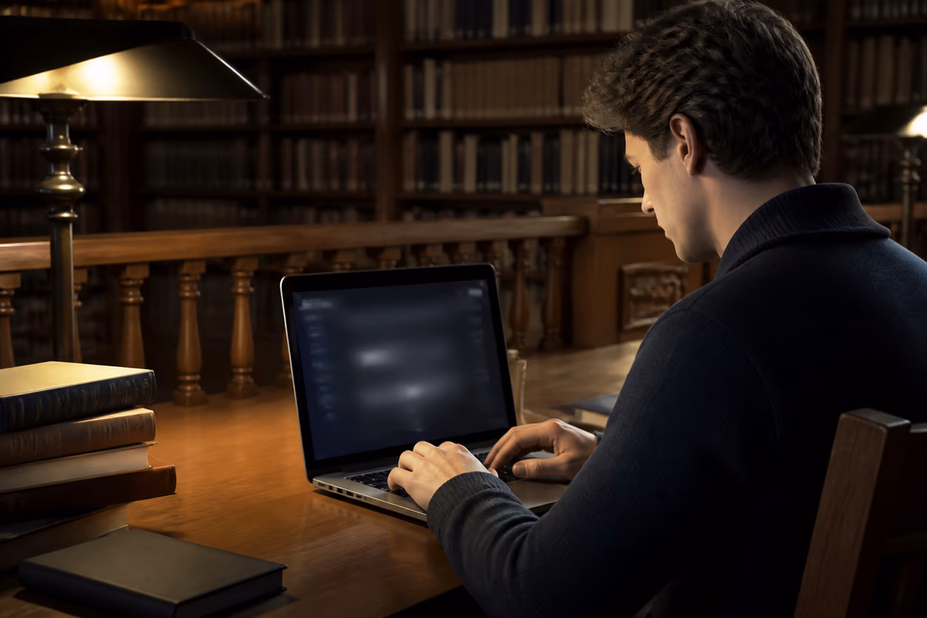 A user engaged in research on dark web resources inside a cozy library setting.