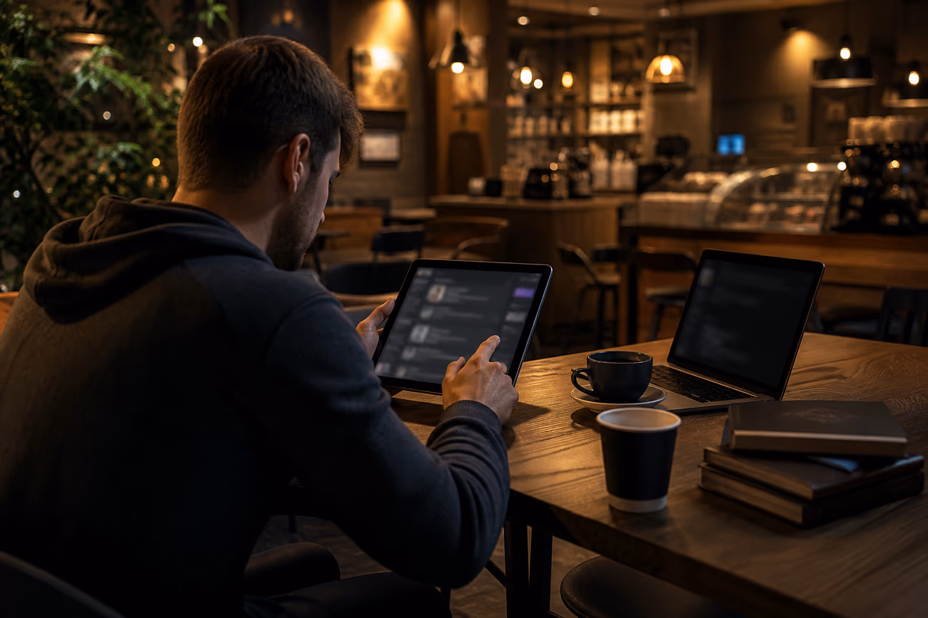 A user in a cafe exploring deep web resources on a tablet, emphasizing a safe approach.