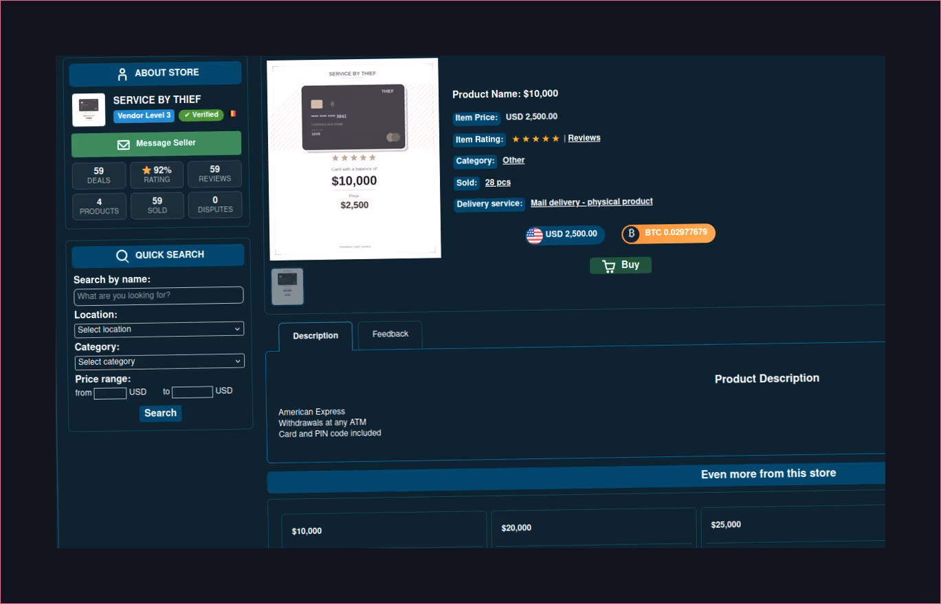 A darknet marketplace interface showcasing cloned card offers.
