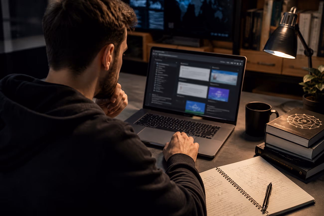 A person examining a .onion address on their laptop in a modern workspace, surrounded by cybersecurity materials.