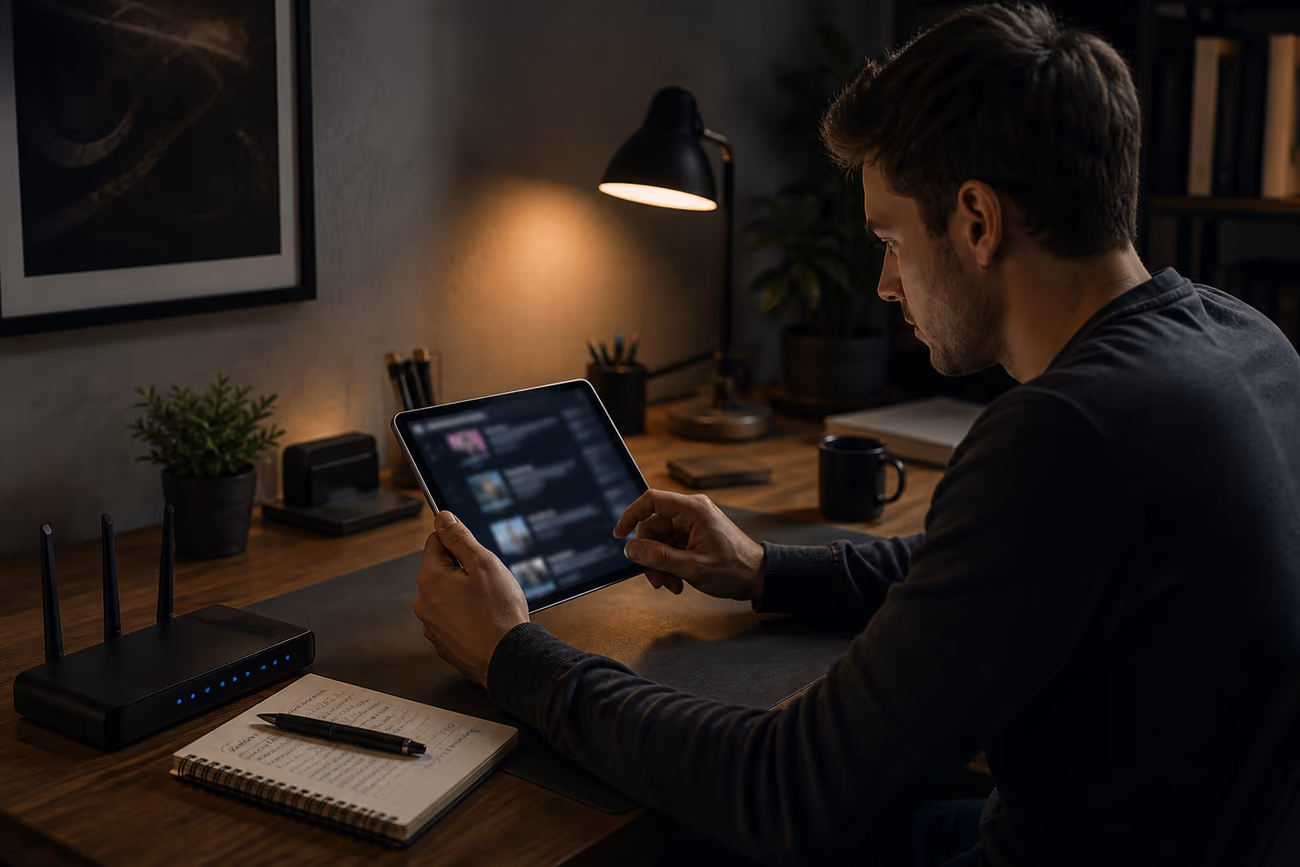 A person in a home office carefully exploring curated deep web resources on a tablet, emphasizing online privacy.