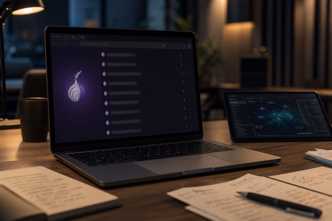 A modern office desk with a laptop showing Tor Browser and .onion links, symbolizing safe navigation in the dark web.