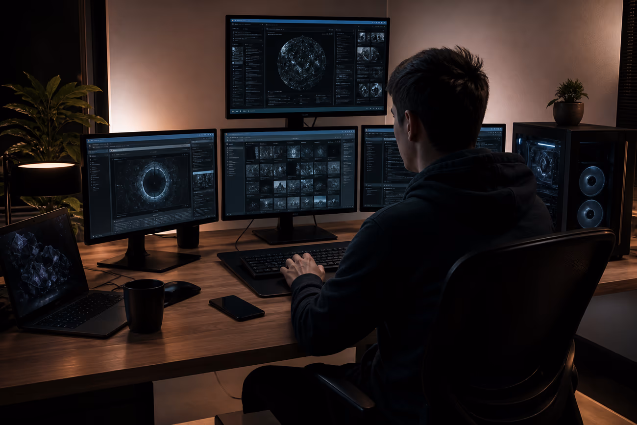 A person navigating multiple screens with onion links in a modern workspace, emphasizing safe dark web exploration.