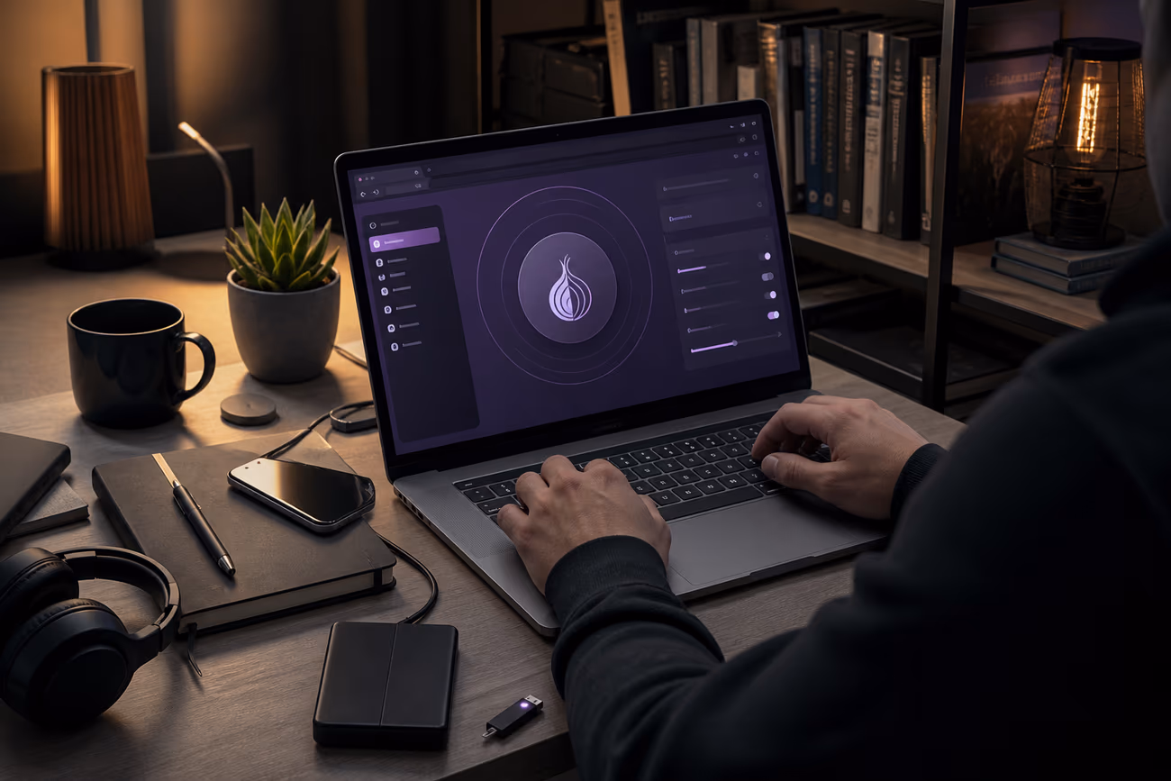 A user adjusting Tor Browser settings in a modern workspace, highlighting the focus on dark web privacy.