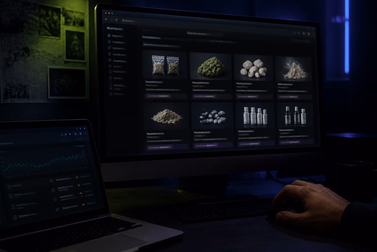 A computer screen displaying a dark web marketplace with v3 onion links, highlighting the 2020 dark web landscape.