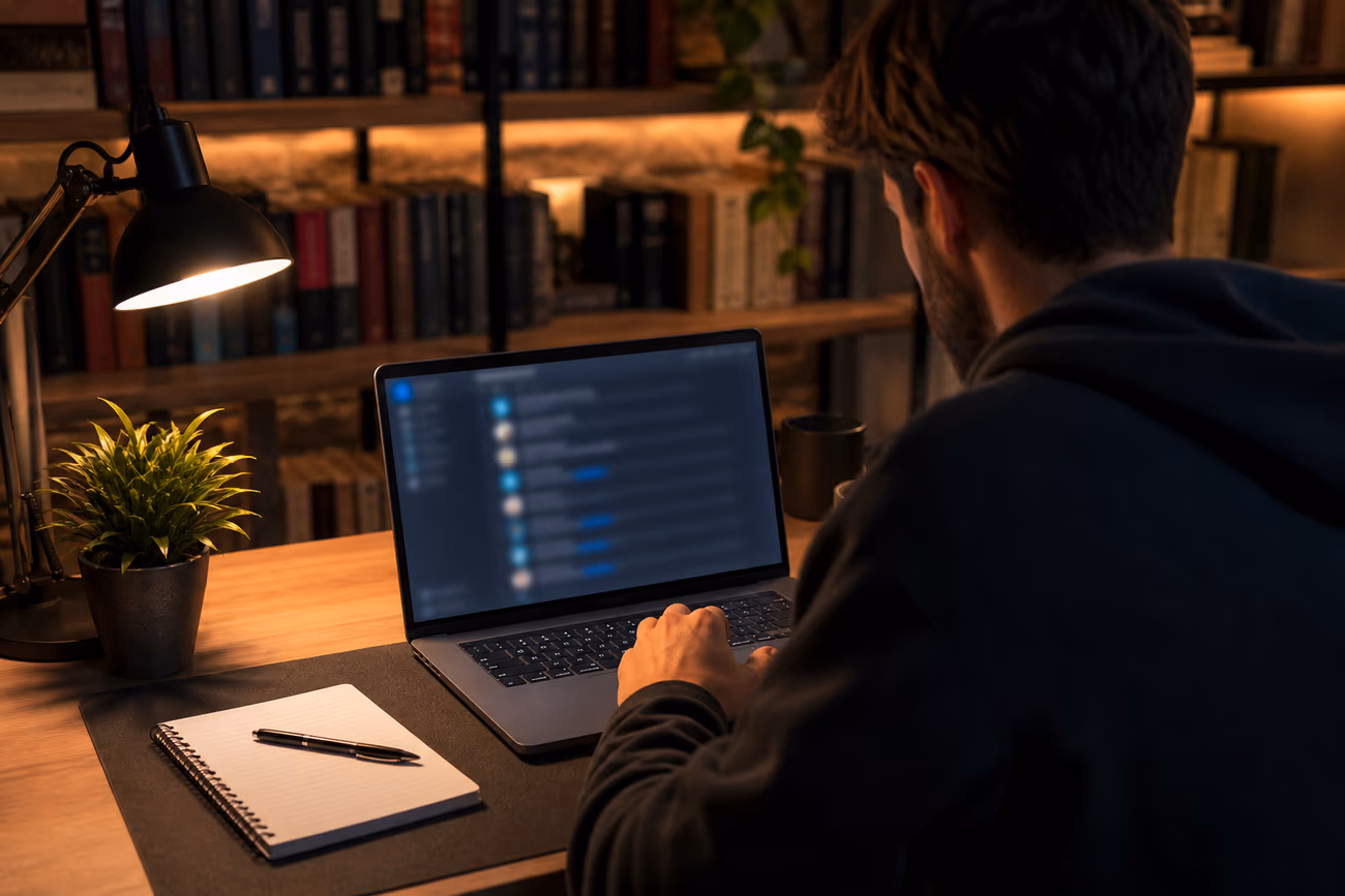A user in a cozy study reviewing safe .onion links on a laptop for dark web exploration.