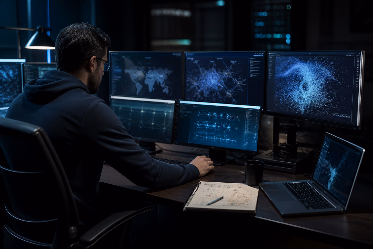 A cybersecurity analyst examines dark web data on multiple screens in a dimly lit office, highlighting online dangers.