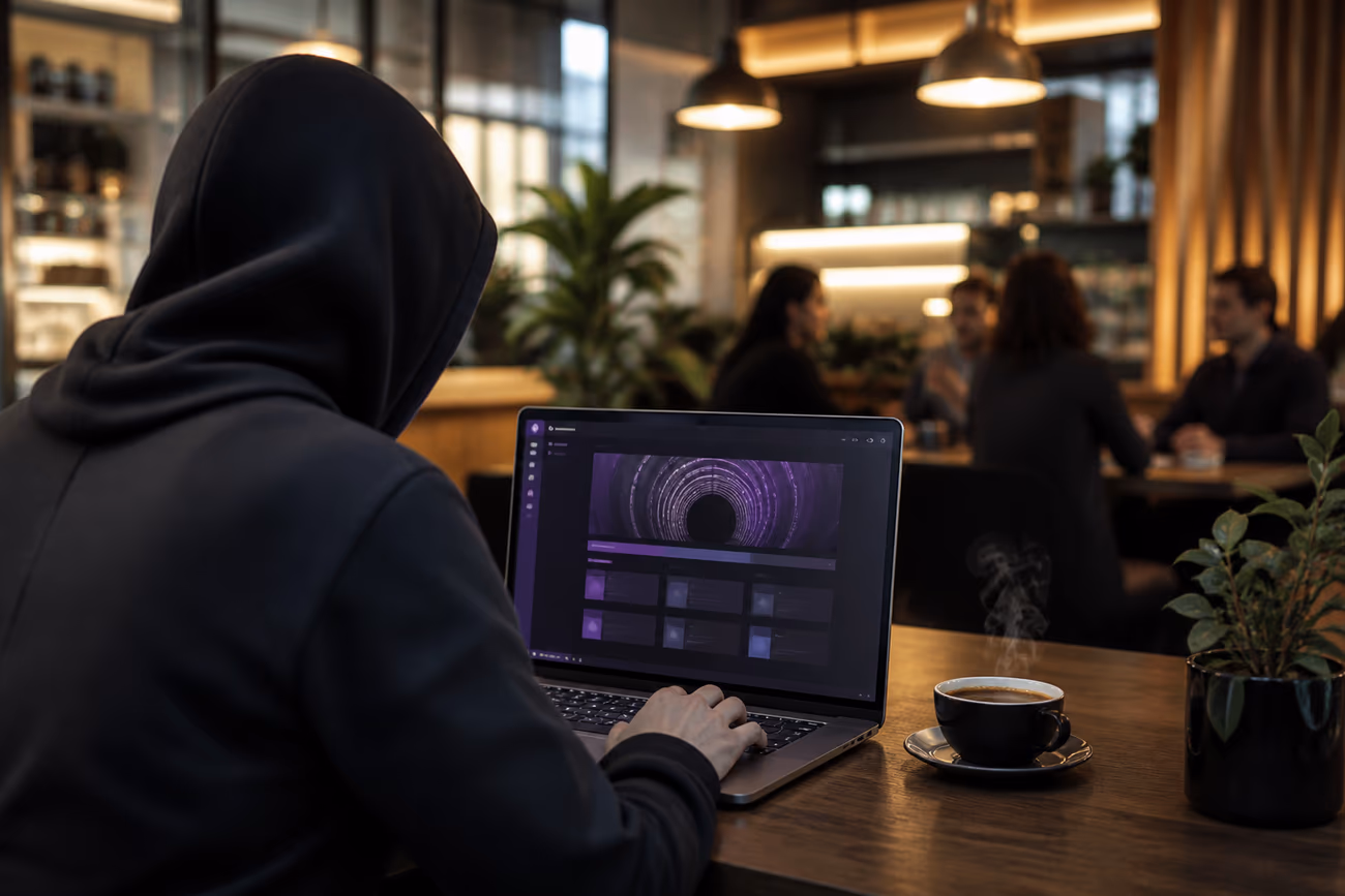 A user browsing the Tor Browser on a laptop in a cozy cafe, highlighting privacy and deep web exploration.