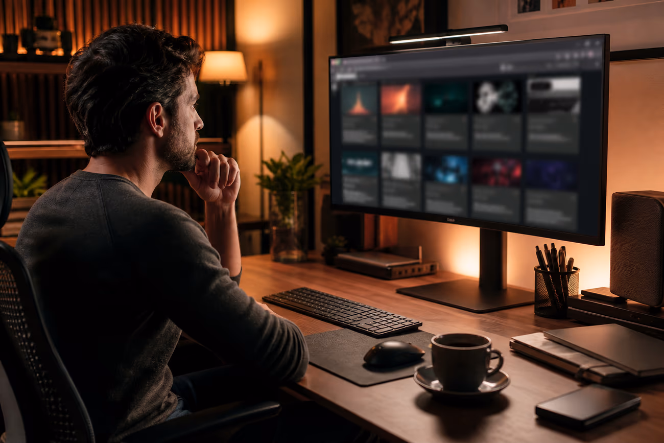 A user engaged in navigating a curated .onion website on a desktop, representing safe dark web exploration.