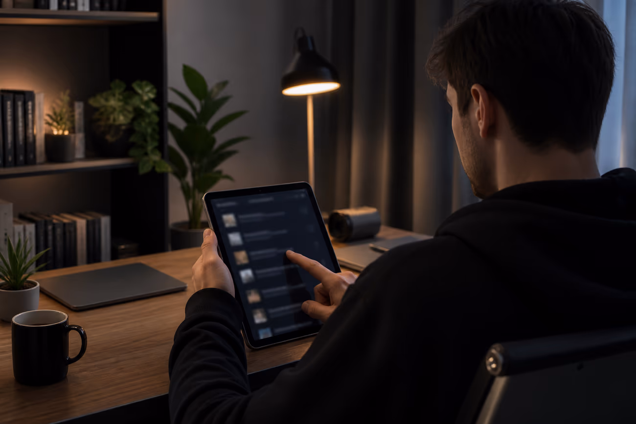 A user in a modern home office reviewing a curated list of .onion sites on a tablet, emphasizing safe navigation of the dark web.