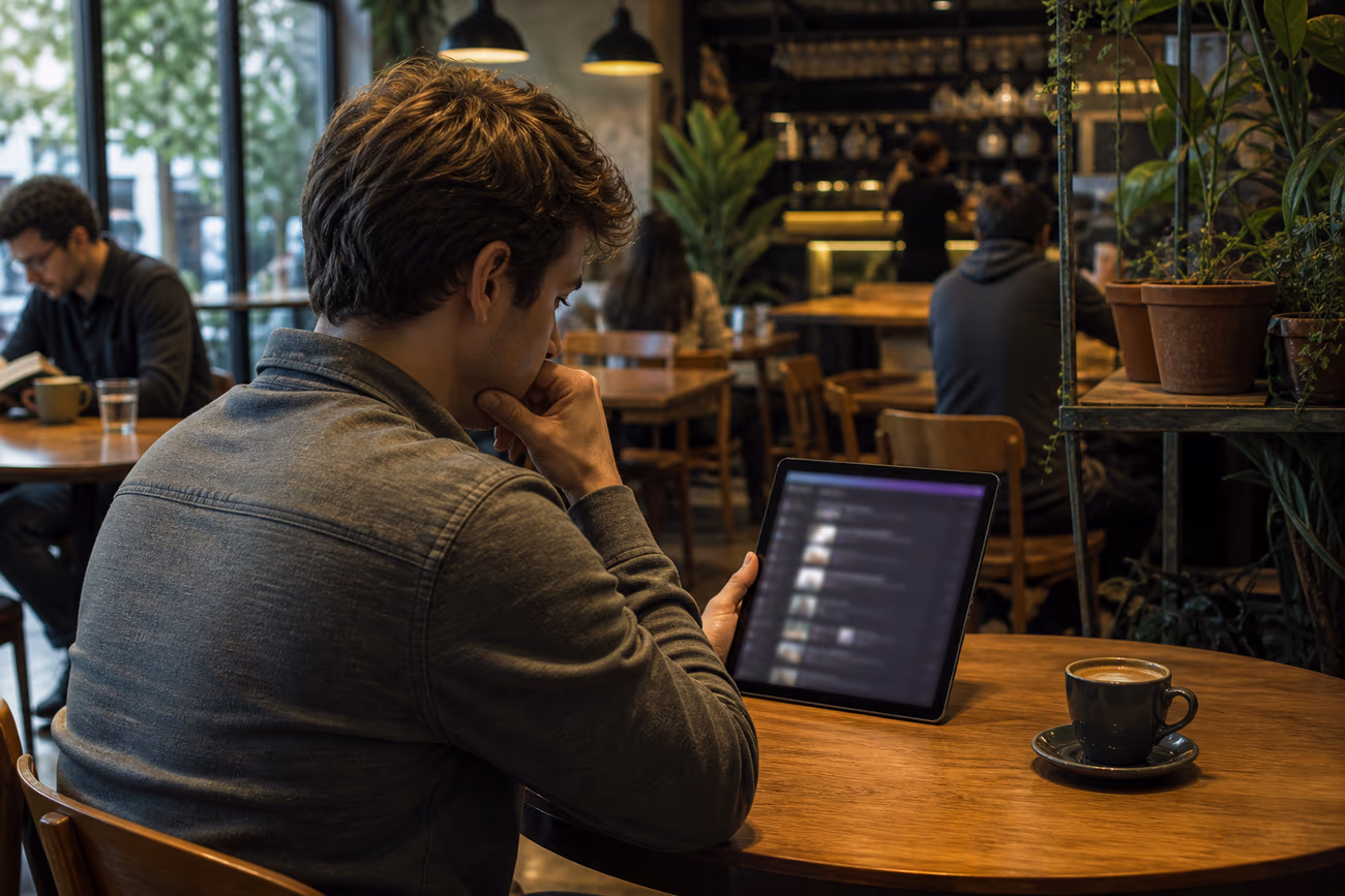 A user in a café navigates a curated list of Tor onion sites on a tablet, showcasing a blend of modern technology and daily life.