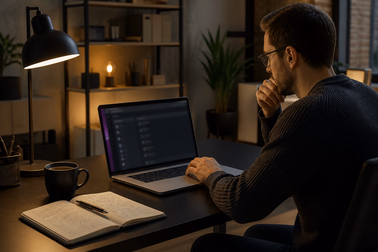 A person exploring a curated Tor websites directory on their laptop in a cozy workspace.