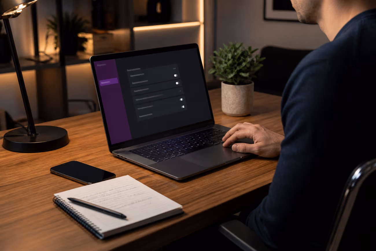A user carefully adjusting settings in the Tor Browser on their laptop in a contemporary home office, emphasizing safe dark web navigation.