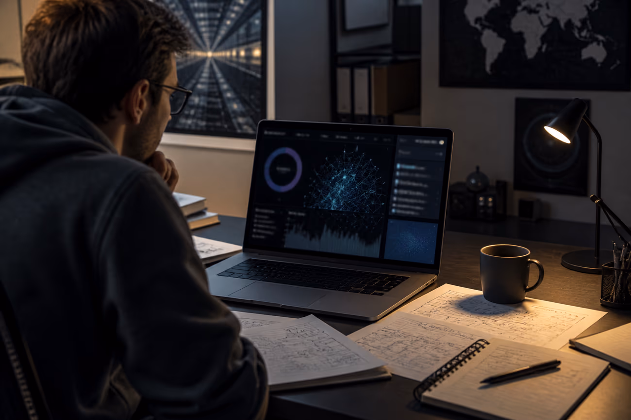 A researcher examining dark web site statistics, highlighting the exploration of hidden networks.